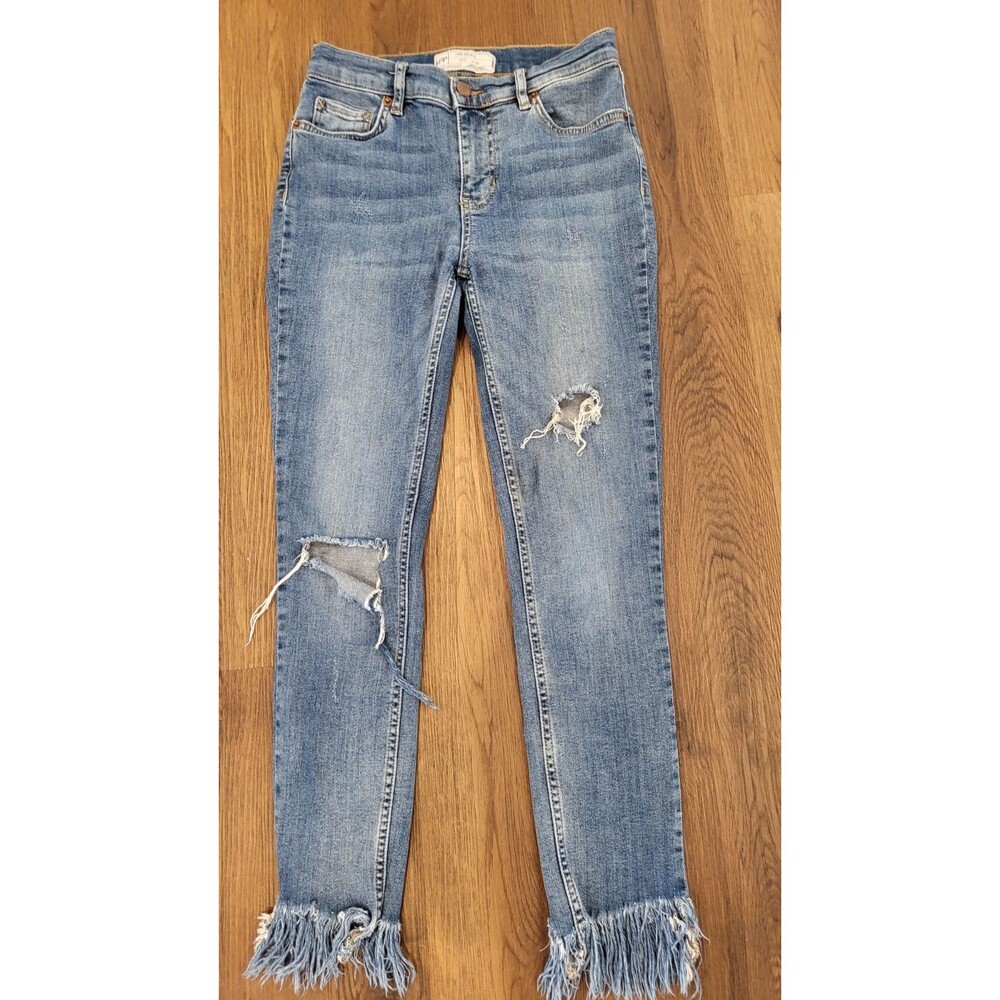Free People Womens 26 Distressed Skinny Jeans Raw Fringe Hem Medium Wash Stretch